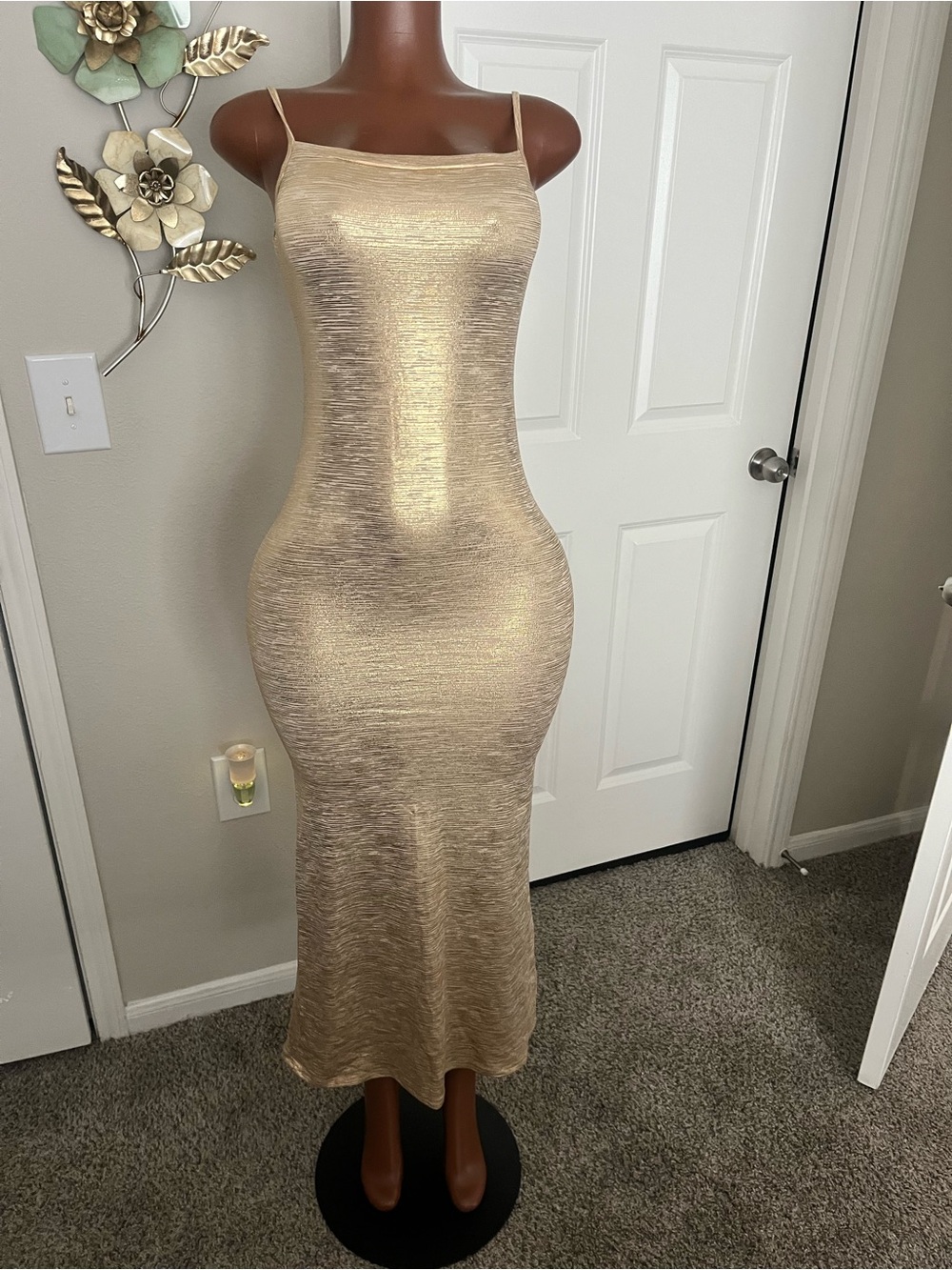 Gold Slip Midi Dress with Spaghetti Straps